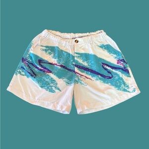 Kennedy Double Gulp Mens Swim Trunks Sz M White Purple Blue Swirl 4" Inseam 90s